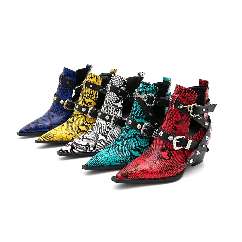 Motorcycle Western Cowboy Boots Women Snake PU Leather Short Cossacks