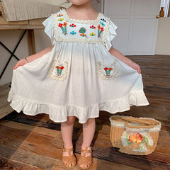 Summer Girls Dress British Style Retro Embroidery Little Girl Flying Sleeves