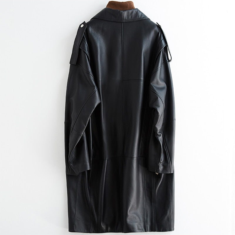 Autumn Oversized Black Long Womens Leather Jacket