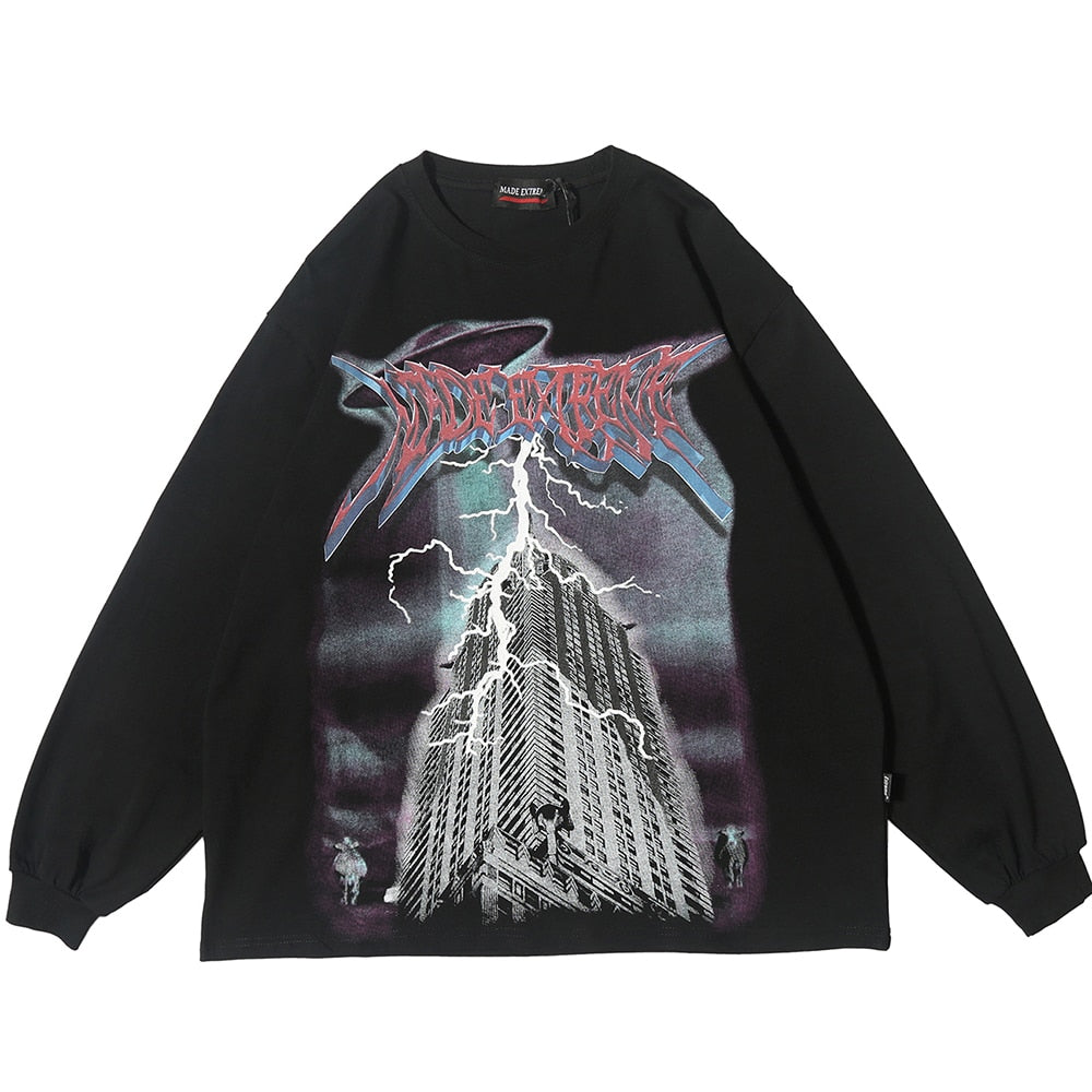 Lighting Graphic Long Sleeve T Shirts Gothic Punk Rock Tees Men Hip Hop