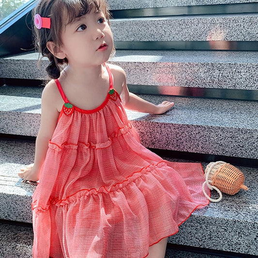 Summer Girls Dress Sweet Strawberry Net Yarn Suspender Dress Baby Kids Clothes