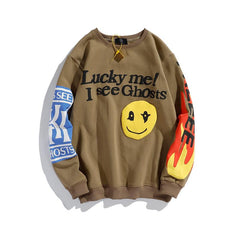 Smiley Flame Print Round Neck Sweatshirts Men and Women Plus Velvet Streetwear