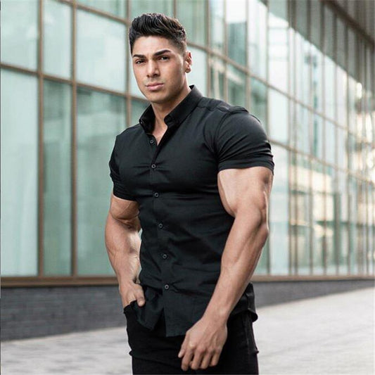 Men Fashion Casual Short Sleeve Solid Shirt Super Slim Fit Male Social