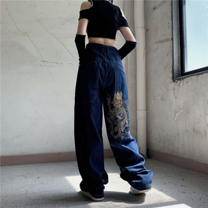 American retro street loose embroidered straight-leg jeans women
