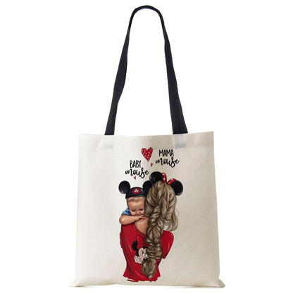 Cute Cartoon Super Mama Print Linen Tote Bag Reusable Shoulder Bags Mom