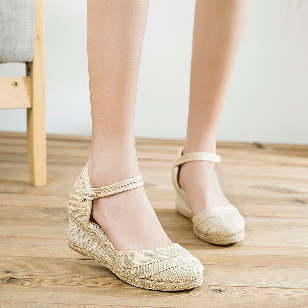 Patchwork Handmade Women Plain Linen Sandals Wedge Espadrilles 6cm