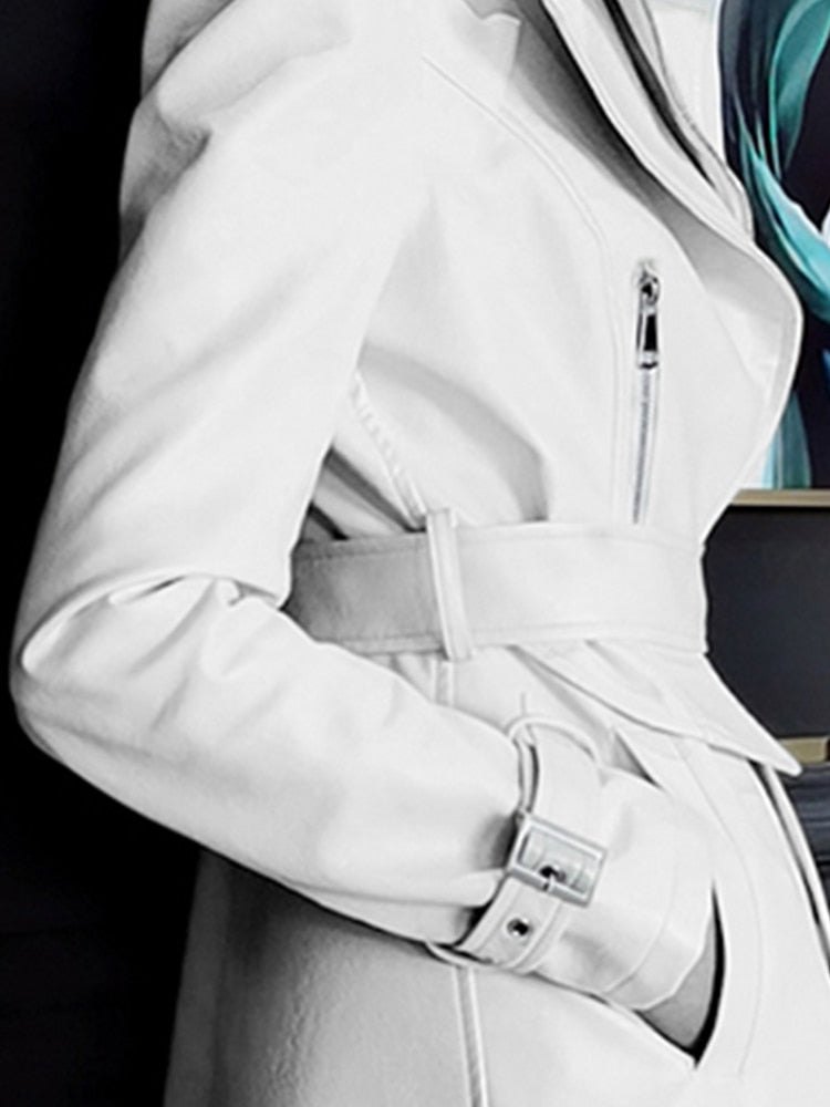 Spring Runway White Long Leather Trench Coat for Women
