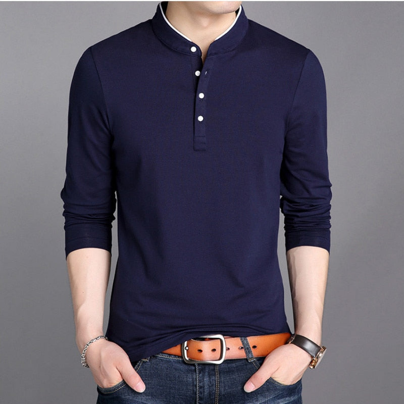 Spring Men Long Sleeve T Shirts Half Buttons Stand Collar Cotton