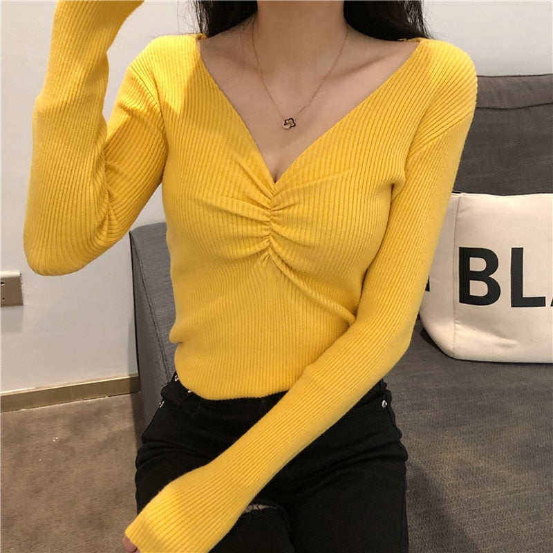 V Neck Women Sweater Autumn Knitted Pullover Jumper