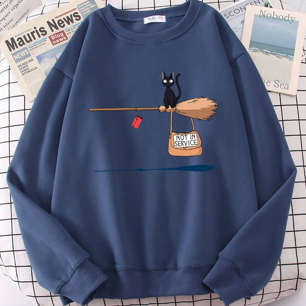 Cute Cat Not In Service Print Hoodies Women Casual Crewneck Sportswear