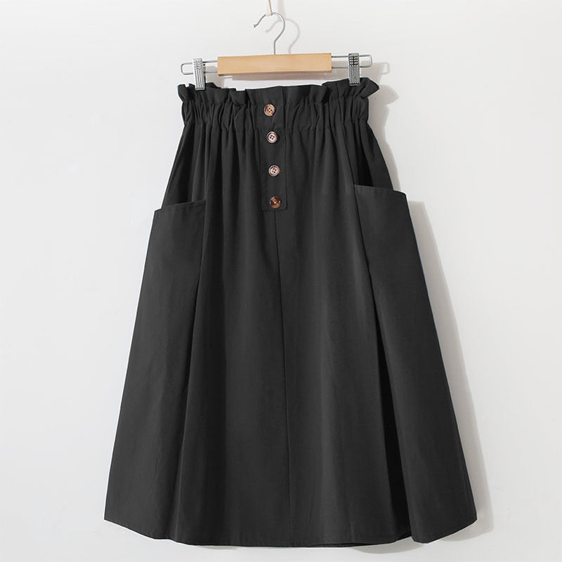 Women Summer Skirt Spring Korean Style Casual Solid High Waist  A-Line Midi Skirts