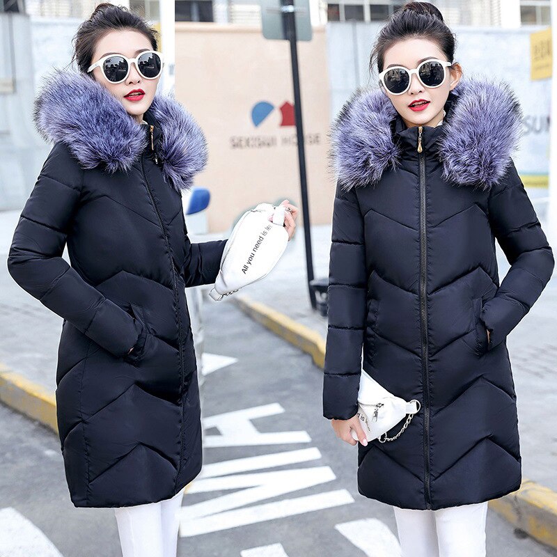 Fur collar winter coat ladies thick warm hooded long jacket women elegant slim