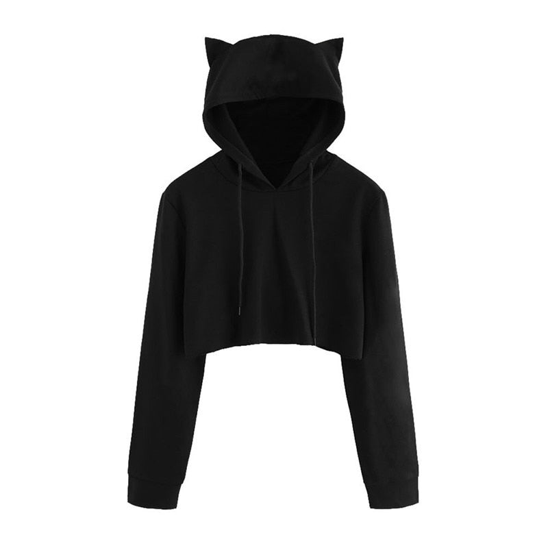 Women Hoodies Solid Crop Hoodie Long Sleeve Jumper Hooded Pullover