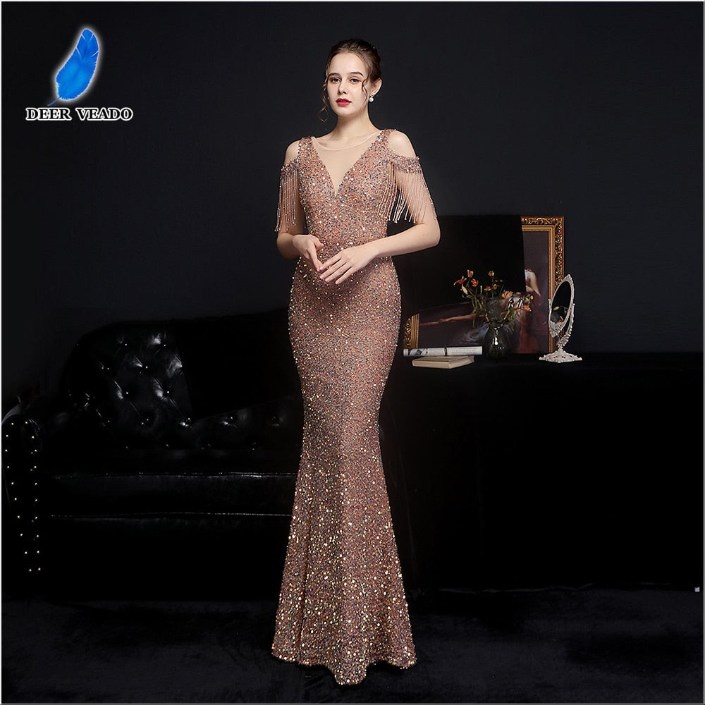 Evening wear Dresses: Elegant Gold Sequin Women Mermaid Evening Dress