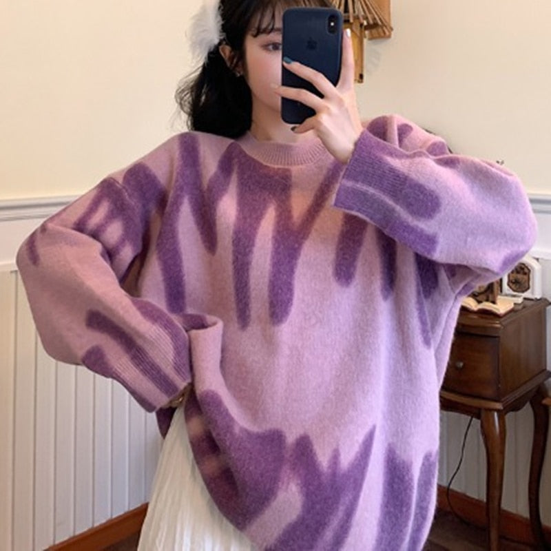 Print Knitted Sweater Women Elegant Green Striped Oversized Pullovers Women