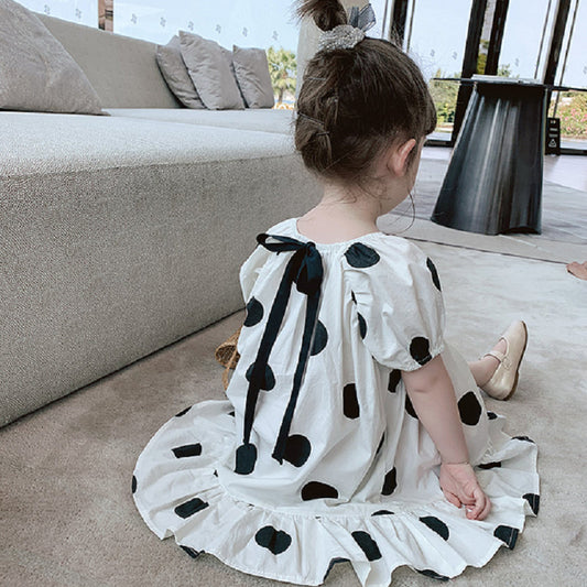 Summer Girls Dress Fashion Bow Puff Sleeve Polka Dot Party Princess Dress