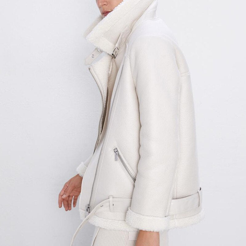 Winter Faux Lamb Leather Jacket Women Faux Leather Lambs Wool