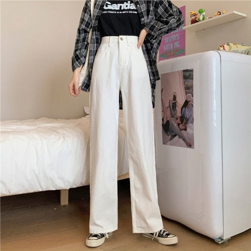 Women White Casual Jeans Autumn Korean Style All-match Loose High Waist