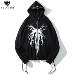 Punk Graphic Print Zipper Ribbon Hooded Hoodie Men Casual Black