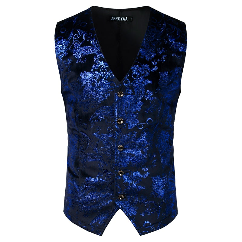 Mens Gold Metallic Paisley Printed Steampunk Vest Single Breasted V Neck