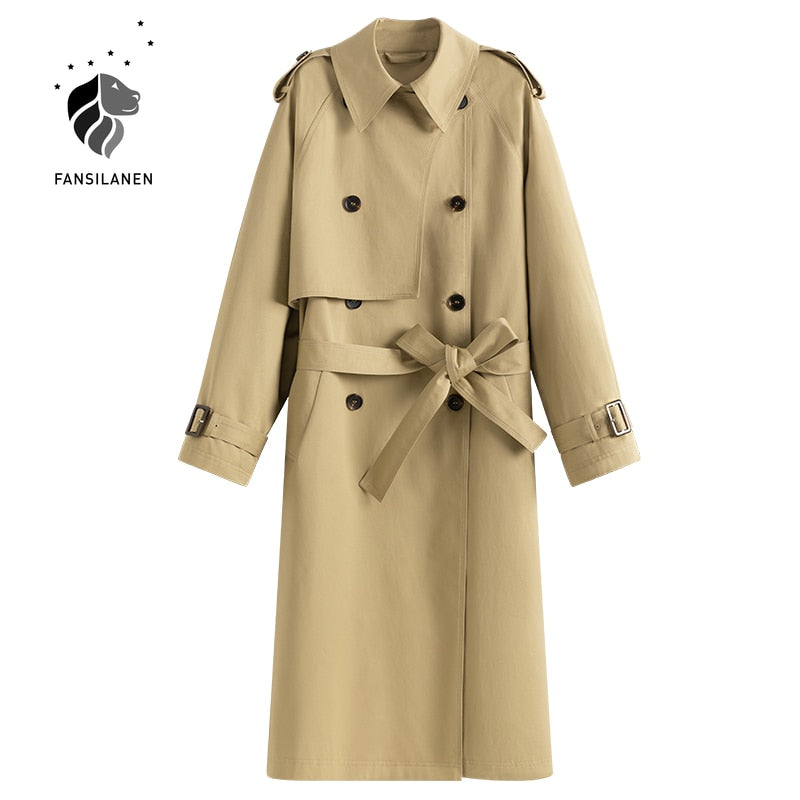 100% Cotton Khaki Long Women Trench Coat