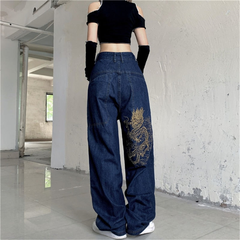 American retro street loose embroidered straight-leg jeans women