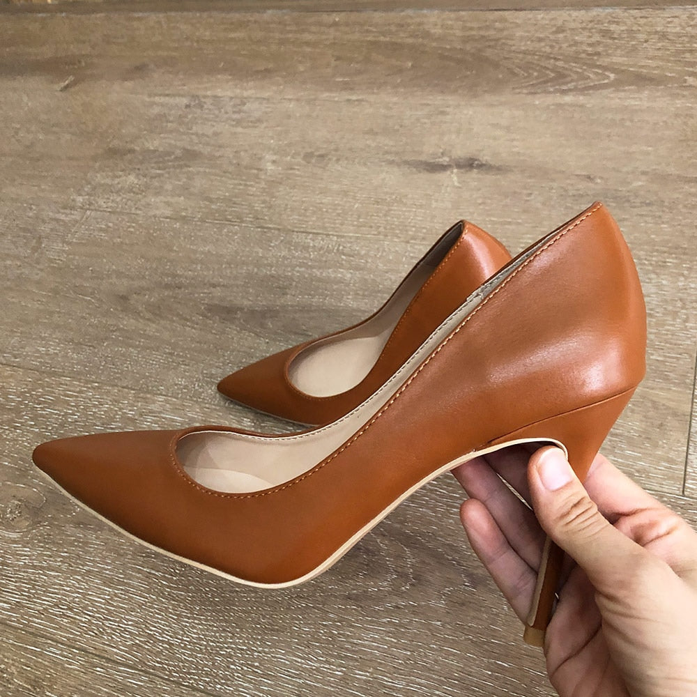 Light Brown Women Classic Pointed Toe High Heels Elegant Ladies Slip