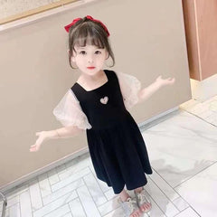 Summer Girls Dress Net Yarn Stitching Puff Sleeve Splicing Love Sweet Princess