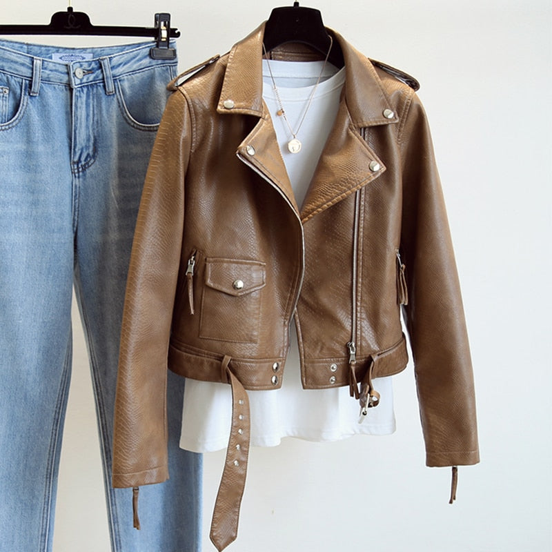 Spring Autumn Women Faux Leather Jacket Slim Streetwear Khaki
