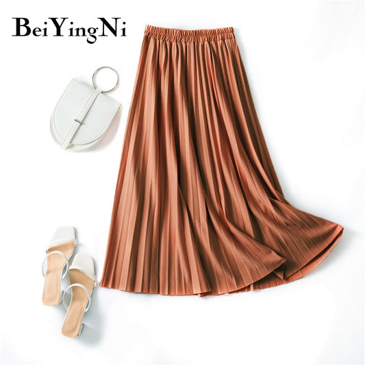 Pleated Midi Skirt Elastic High Waist Sweet Casual Summer Slim