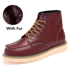 Red Retro Leather Boots Men Fur Warm Winter Boots Comfort British Style