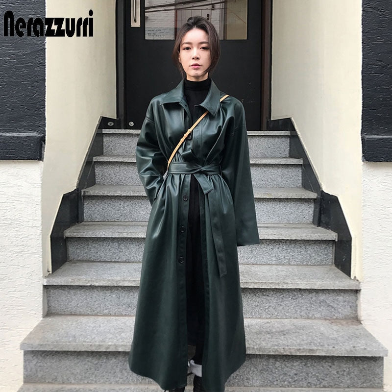 Autumn long leather trench coat for women long sleeve belt buttons
