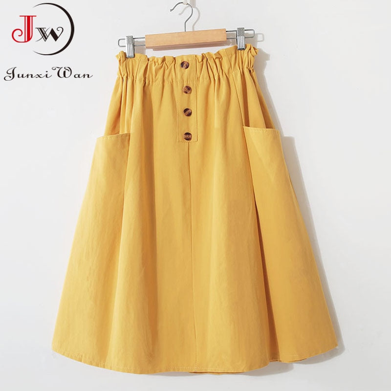 Women Summer Skirt Spring Korean Style Casual Solid High Waist  A-Line Midi Skirts