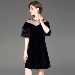 women beaded mesh round neck velvet dress ostrich feather lotus leaf sleeve dresses