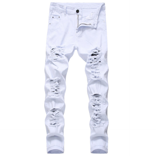 Men Cotton Ripped Hole Jeans Casual Slim Skinny White Jeans