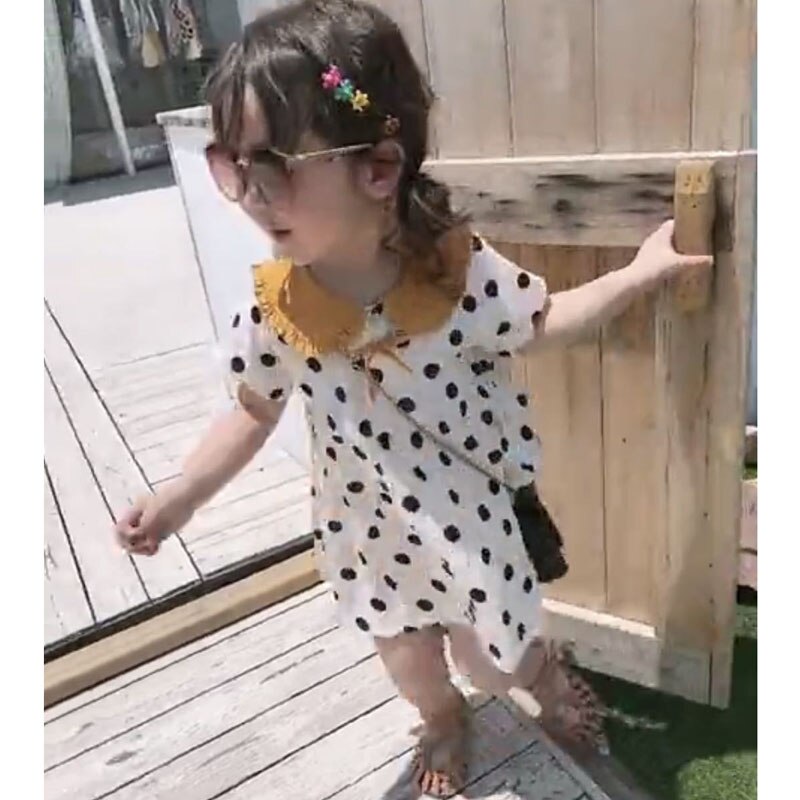 Summer Girls Dress Polka Dot Doll Collar Short Sleeve Sweet Princess Dress