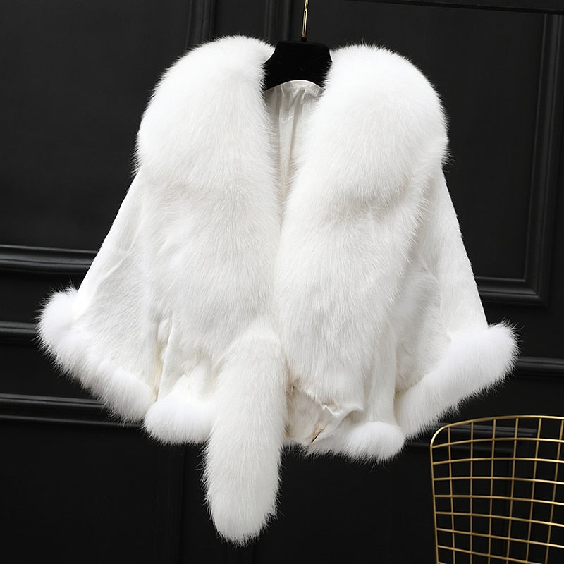 Winter Cloak Warm  Women Cardigan big real Fox Fur Collar Cape Fashion Solid