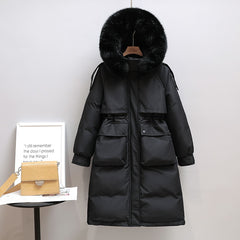 Winter Women Long Jacket Large Natural Fur Collar Hooded