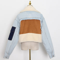 Patchowrk Lambswool Denim Jacket For Women Lapel Long