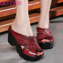 Ethnic Style Genuine Leather Women Shoes Sandals wedges Slides