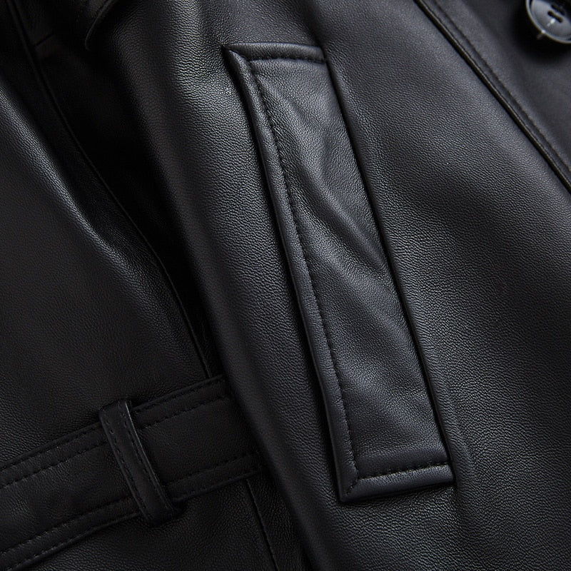 Long black leather trench coat for women long sleeve belt lapel