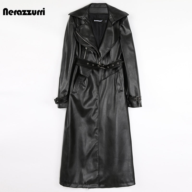 Spring Runway White Long Leather Trench Coat for Women