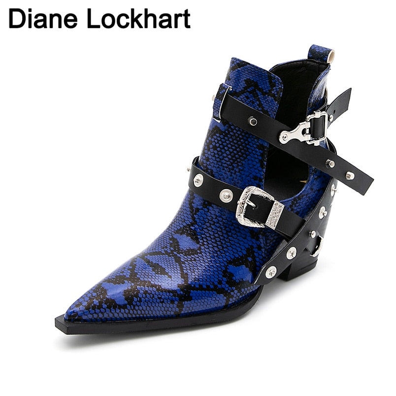 Motorcycle Western Cowboy Boots Women Snake PU Leather Short Cossacks