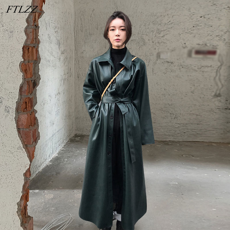 FTLZZ Spring Women PU Leather Long Jacket Faux Leather Windbreaker
