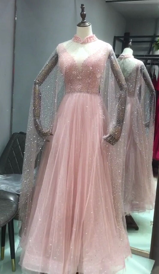 Long Evening Dress with Cape Luxury Sequins Beading Prom