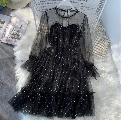 Female O-neck Stars Sequined Mesh Shiny Fairy Dress Women Elegant