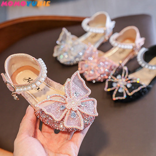 Girls Sequin Lace Bow Kids Shoes Girls Cute Pearl Princess Dance Single Casual