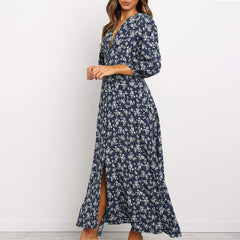 Women Chiffon Long Dress Floral Print Lantern Sleeve A-line Maxi