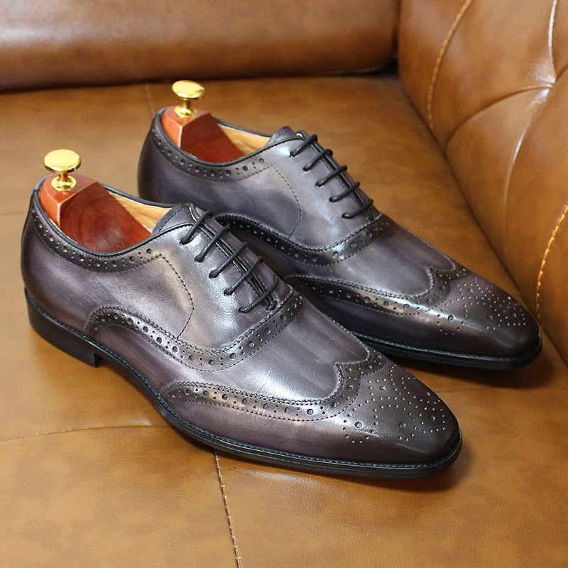 Size 6-13 Handmade Mens Wingtip Oxford Shoes Grey Genuine Leather