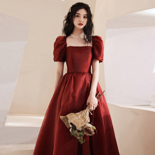 Burgundy Simple Prom Dress Puff Sleeve Square Collar Long Party